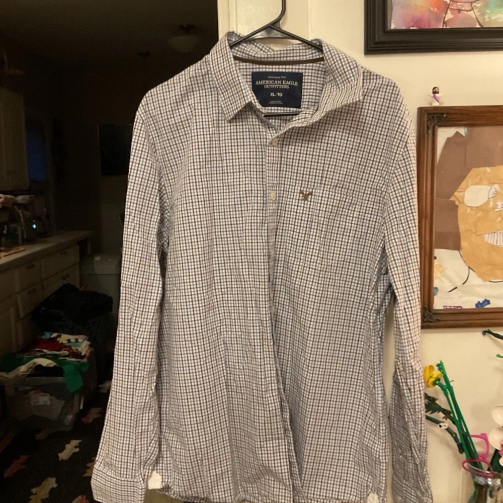 American Eagle Outfitters White and Navy Checked Button-Down Shirt